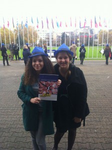 Clara and Sofia with the Youth Council Manifesto at the World Forum for Democracy, Spotlight Europe